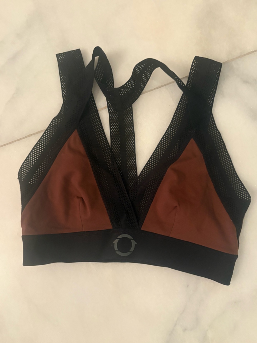 Mesh-Trim Triangle Sports bra in Rust and Black